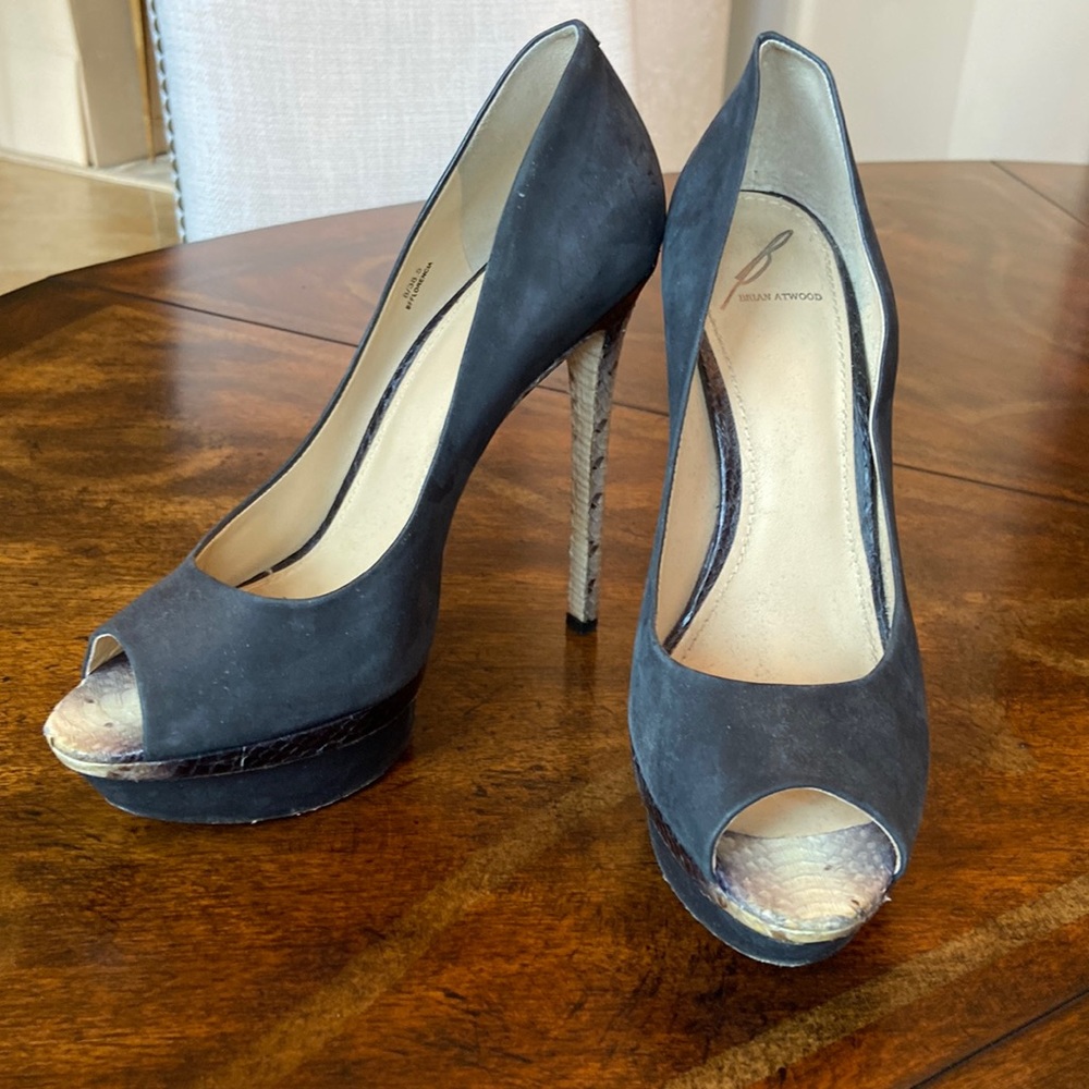 Brian Atwood “Florencio” Suede & Snakeskin Platform Heels - Picture 2 of 9
